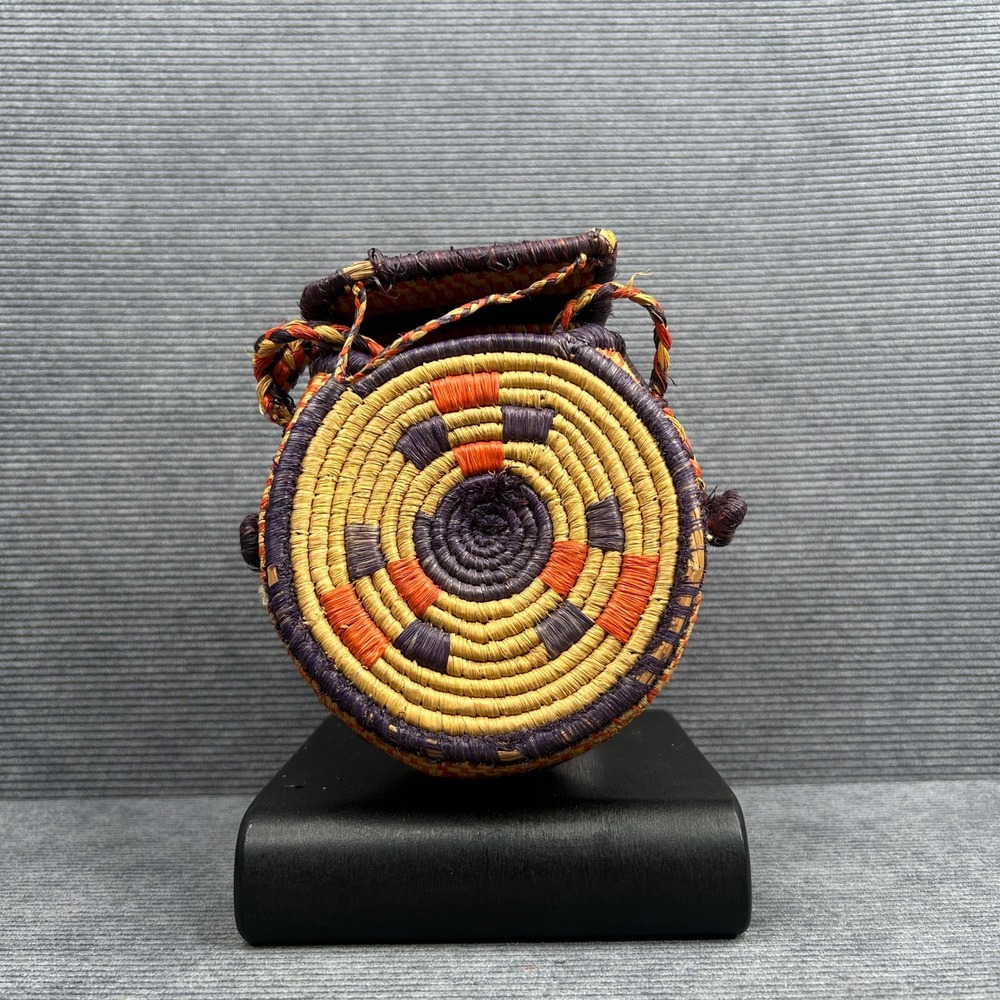 Vintage Woven Straw Canteen Crossbody Bag Purple Orange Geometric Boho Mini Bag